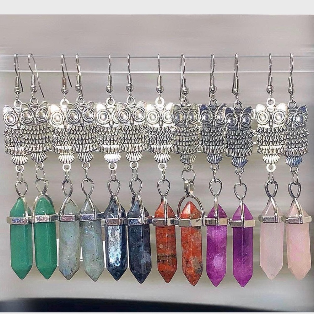 Silver Owl Bohemian Hexagon Crystal Pendant Earrings